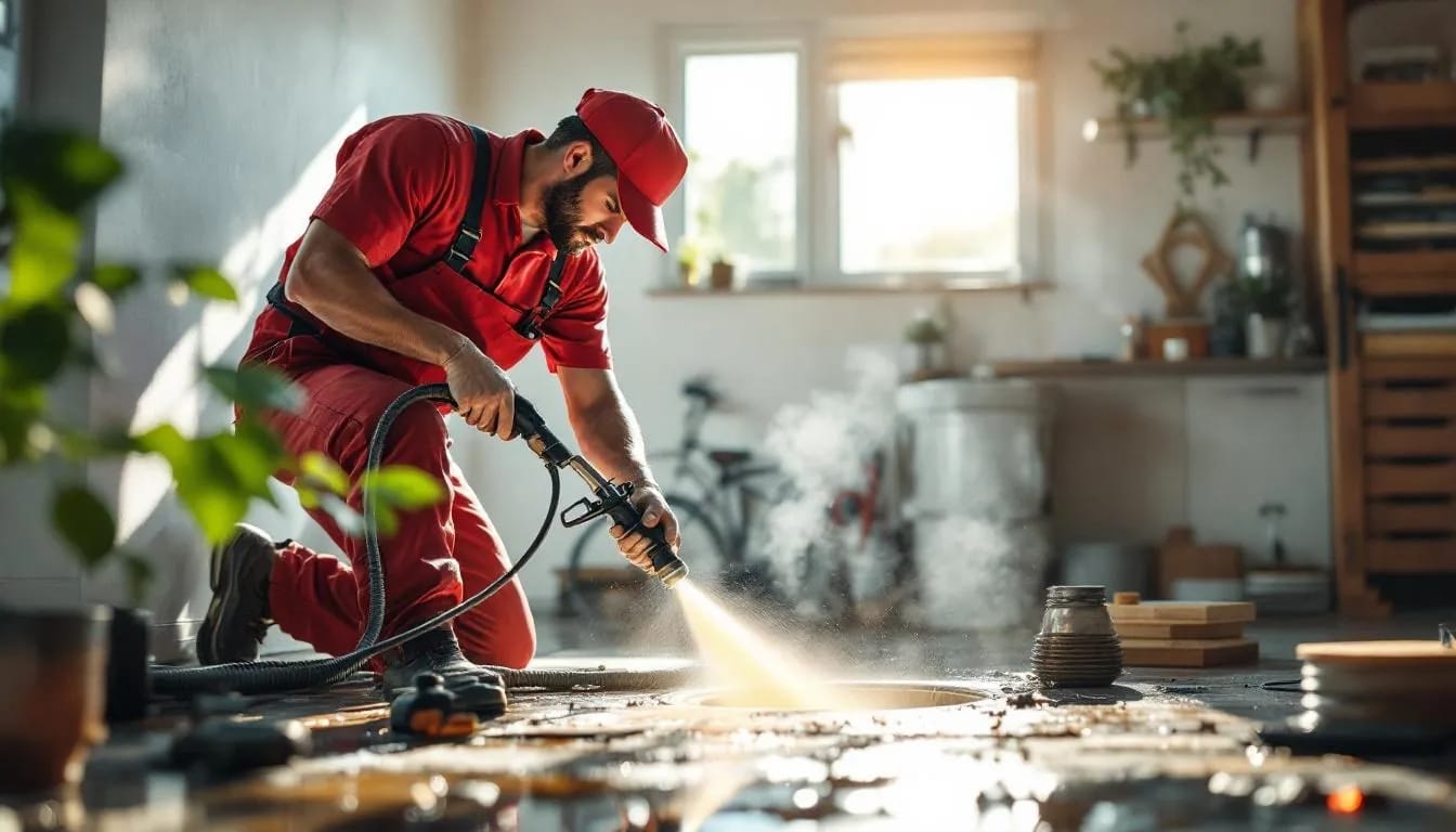 911 Drain and Plumbing plumber using a high-pressure jetting machine to blast through a kitchen drain blockage in Pretoria East—drain jetting pretoria east.
